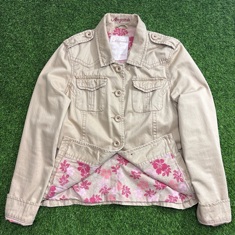 Aeropostale Beige Jean Jacket with Pink Floral Lining